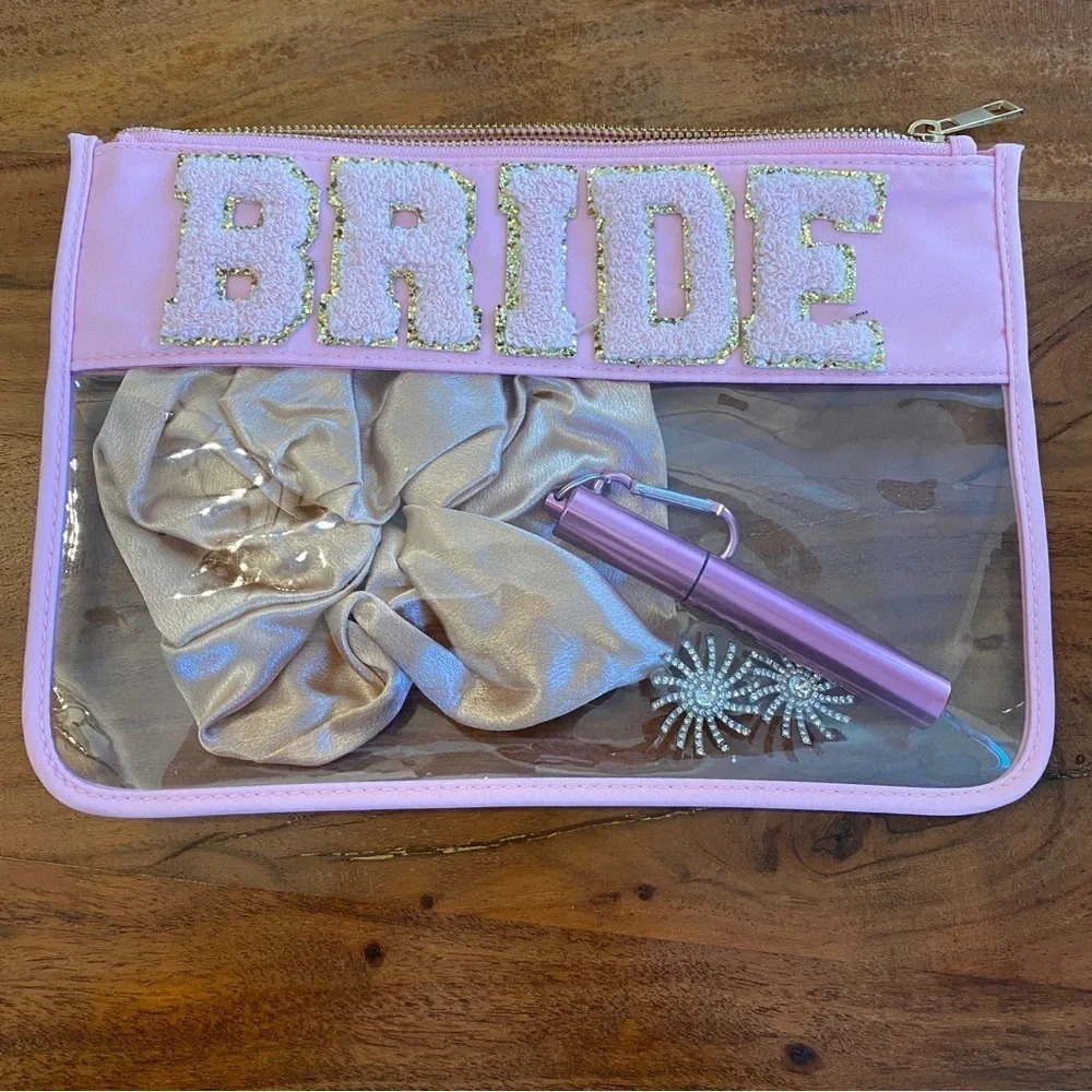 Bridal Wedding Clear Travel Carry Pouch with Fuzzy Patches - Bag ONLY